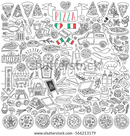 Set of various pizza types, slices and cooking ingredients. Pizzeria tools and delivery service. Freehand vector drawings set isolated on white background.