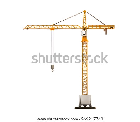 scale model of yellow tower crane isolated on white background Royalty-Free Stock Photo #566217769
