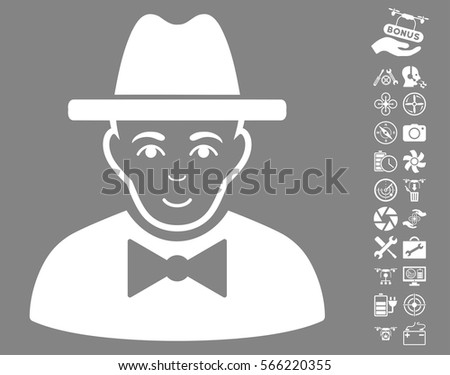 Spy pictograph with bonus copter tools clip art. Vector illustration style is flat iconic white symbols on gray background.