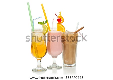 Three fruit cocktails in glasses with straws