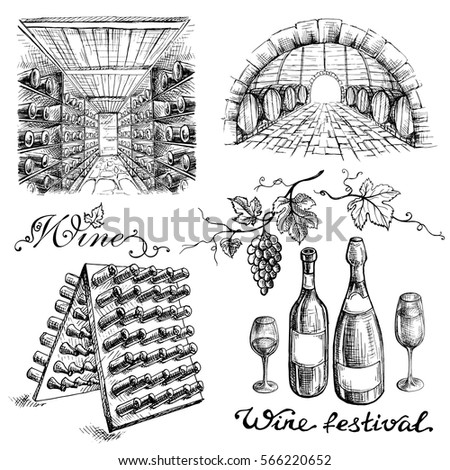 Set of wine bottles and barrels in winery or cellar in graphic style hand-drawn vector illustration Royalty-Free Stock Photo #566220652