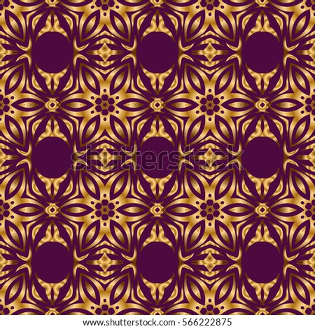 Glittering background illustration on purple backdrop. Vector seamless golden Christmas ornament pattern.