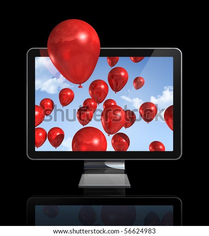 red balloons in a 3D tv screen isolated on black with clipping path