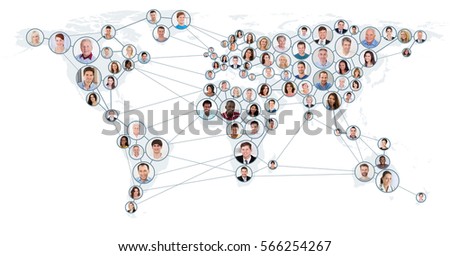 Collage Of People With Network And Communication Concept On World Map. Global Business Concept