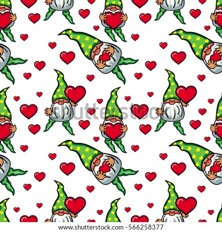Seamless pattern with cute gnome holding heart. Funny background for holiday decorations, greetings, Valentine day and birthday cards, wrapping paper. Raster clip art.