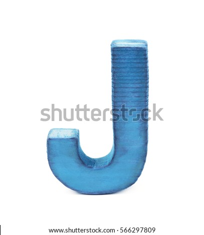 Single sawn wooden letter J symbol coated with paint isolated over the white background