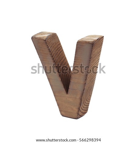 Single sawn wooden letter V symbol coated with paint isolated over the white background