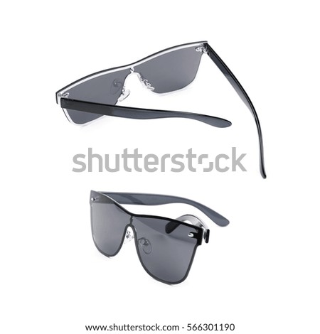 Pair of black shade sunglasses isolated over the white background, set of two different foreshortenings