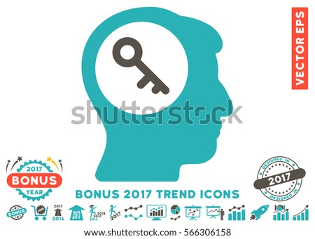 Grey And Cyan Brain Key pictograph with bonus 2017 year trend pictograms. Vector illustration style is flat iconic bicolor symbols, white background.