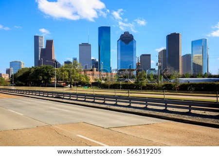 Skyline of Houston in bright sun light