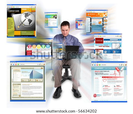 A business man is sitting on a white, isolated background and is working on a laptop computer. He is browsing technology websites that are zooming out. Can represent speed or commerce. Royalty-Free Stock Photo #56634202