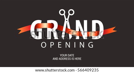 Grand opening vector background. Scissors and red ribbon nonstandard design element for  banner or backdrop for opening ceremony Royalty-Free Stock Photo #566409235
