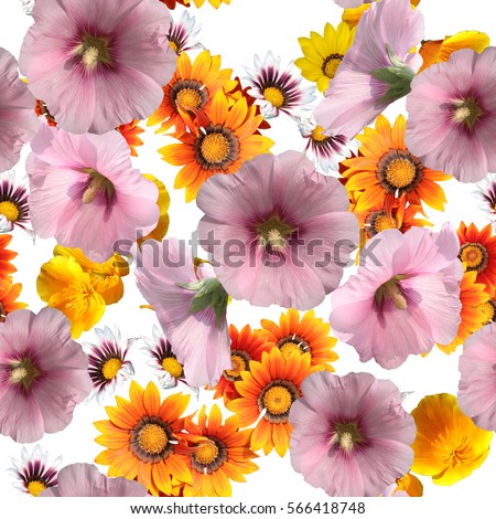 Floral seamless orange flowers pattern isolated on a white background. Beauty photo collage artistic work.