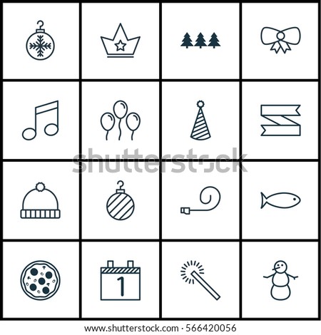 Set Of 16 Christmas Icons. Includes Fishing, Tree Toy, Sparkles And Other Symbols. Beautiful Design Elements.