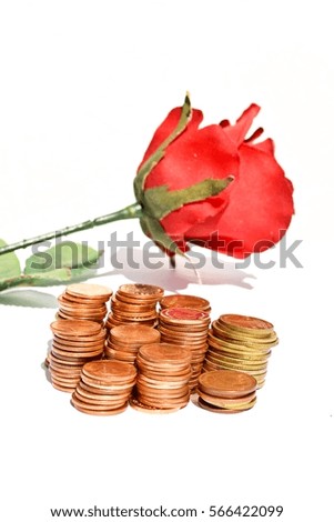 Many stacks of coins in various sizes and valued, Copper and gold color coin with red rose in white background , Financial and commit business concept