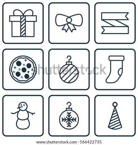 Set Of 9 Happy New Year Icons. Includes Fireplace Decoration, Tree Toy, Gift And Other Symbols. Beautiful Design Elements.