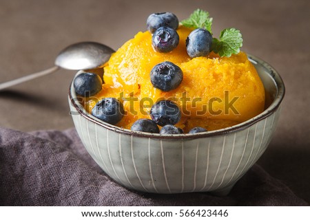 Frozen yellow mango sorbet, berry ice cream in a cup with mint and blueberries. Gray background. Space for text Royalty-Free Stock Photo #566423446