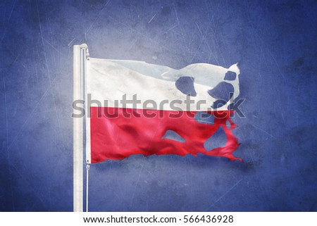Torn flag of Poland flying against grunge background.