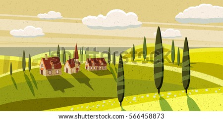 Lovely rural landscape, farm, meadows, cypress, cartoon style, vector illustration