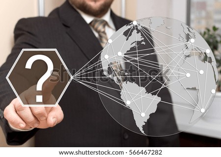 Businessman pushes a button question icon on the touch screen in the web network. 