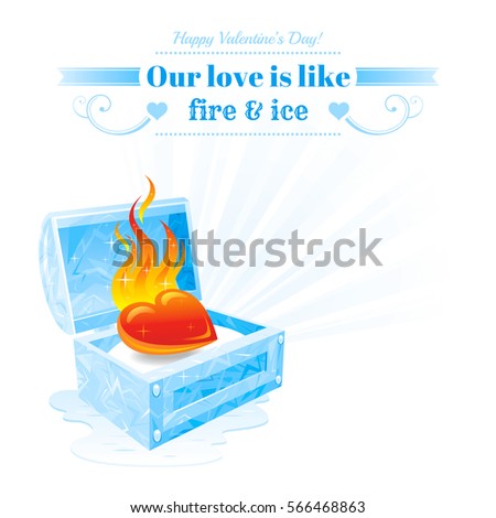 Happy Valentines day vector illustration, burning heart fire melt frozen ice chest. Romance love banner, isolated frame white background ray. Romantic Valentine border. Abstract design. Text lettering