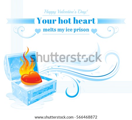 Happy Valentines day vector illustration, burning heart fire melts frozen ice treasure. Romance, love banner, isolated wave pattern, white background. Cute romantic Valentine border. Text lettering