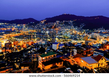 nagasaki city landscape at Night shot of Nagasaki city in Japan .