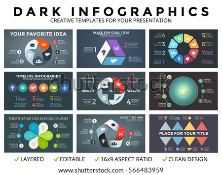 Vector circle arrows infographic, cycle diagram, graph, presentation chart template. Business infographics with 3, 4, 5, 6, 7, 8 options, parts, steps, processes. Dark background. 16x9 slide