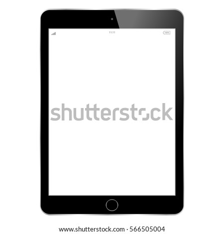 Realistic tablet pc computer with blank screen isolated on white background. Tablet in modern style black color with blank touch screen isolated on white background.  Royalty-Free Stock Photo #566505004
