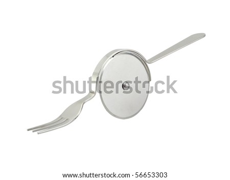 A used metal Pizza cutter on plain white background.