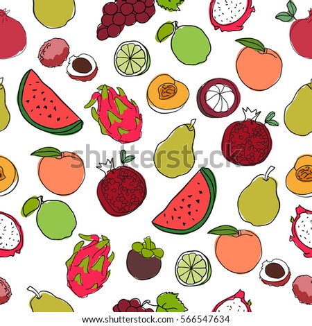 Seamless pattern with colorful fresh fruits. Hand drawn tropical fruits in sketch style. Peach, watermelon, lime, pear, poimegranate, dragon fruit