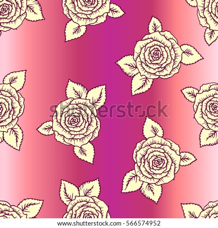 Beautiful pink and vintage yellow seamless pattern made of roses with little flowers decoration.Hand-drawn  lines and strokes. Sketch engraving style flowers and leaves. Intricate romantic background.