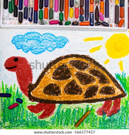 Colorful drawing: happy turtle on the grass