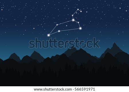 Vector illustration of Leo constellation on the background of starry sky and night mountain