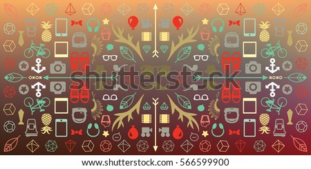 vector illustration of kaleidoscopic geometric horizontal banner with hipster symbols and soft blurry background