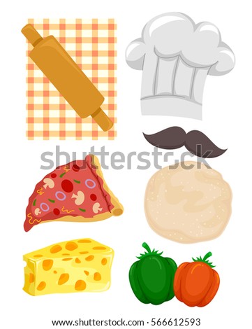 Illustration Featuring Different Ingredients and Tools Used in Making Pizza