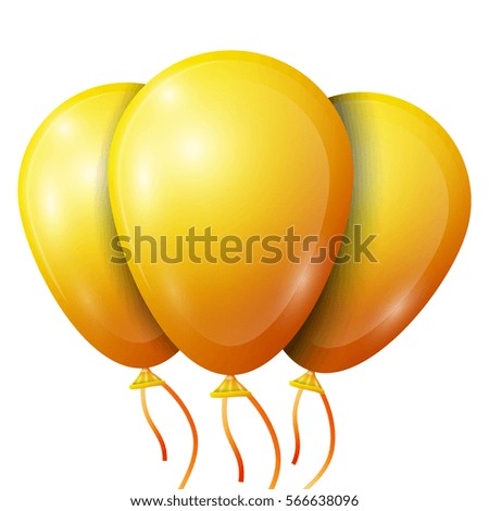 Realistic yellow balloons with ribbon isolated on white background. Shiny colorful glossy balloon