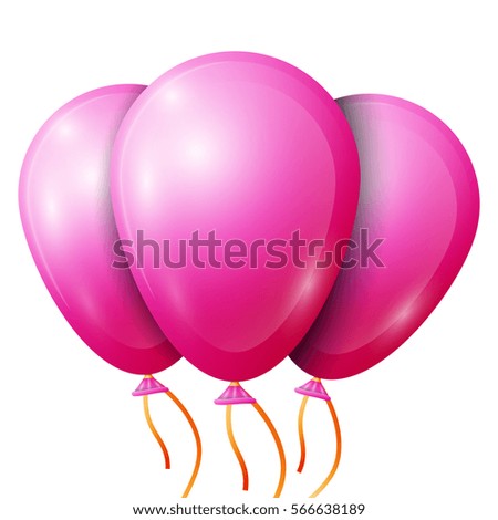 Realistic pink balloons with ribbon isolated on white background. Shiny colorful glossy balloon