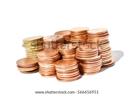 Many stacks of coins in various sizes and valued,Copper and gold color coin, Financial and commit business concept