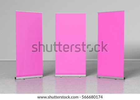 Blank fuchisa roll up banner stands on gray floor. Include clipping paths around stand and ad banner. 3d render