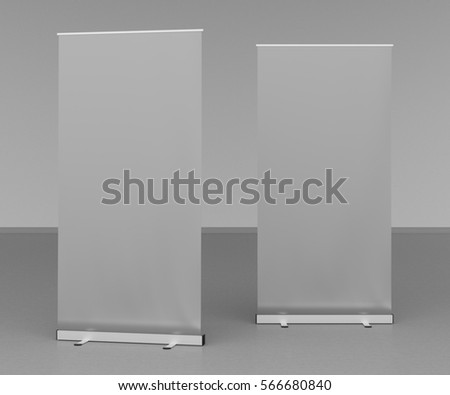 Blank gray roll up banner stands on gray floor. Include clipping paths around stand and ad banner. 3d render
