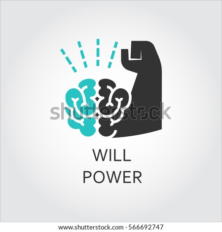 Icon of brain and muscle hand. Willpower concept. Business, healthy lifestyle theme. Vector contour graphics drawn in flat style. Black and green shape pictograph for your design needs Royalty-Free Stock Photo #566692747