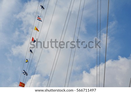 Port. Marine boat. Sea ropes and sky