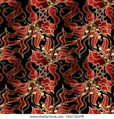 Modern floral seamless pattern. Elegant black background wallpaper illustration with vintage hand drawn red and gold 3d flowers, leaves and decorative flourish  ornaments. Luxury vector fabric texture