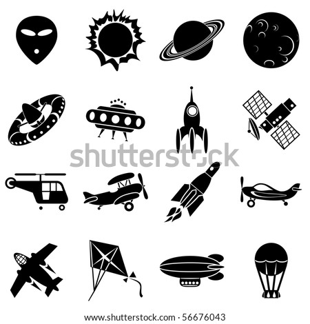 set of vector icons. Air transport, flying machines and space