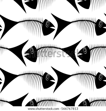 Seamless pattern with fish skeletons and bones on a white background. Vector illustration.