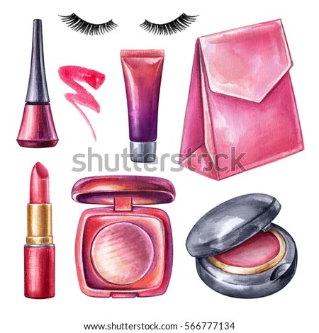 watercolor illustration, makeup accessories, cosmetics clip art, brush stroke, tube, jar, lipstick, eyelashes, cream, blush, isolated on white background