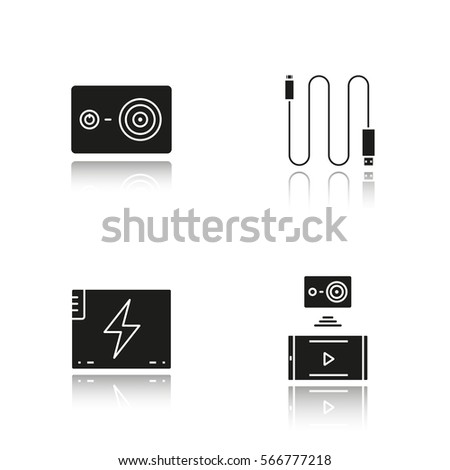 Action camera drop shadow black icons set. Mini USB cable, battery, action camera to smartphone wireless connection. Isolated vector illustrations