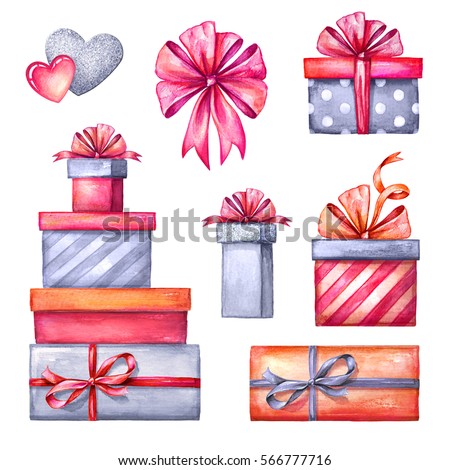 watercolor illustration, Valentine's day clip art set, gift boxes, party accessories, festive design elements isolated on white background