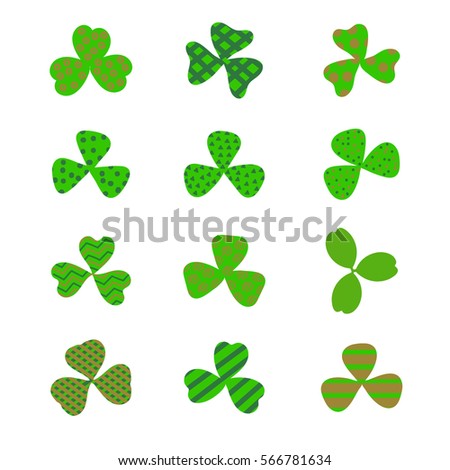 Clover leaf plant icon set. Shamrock symbol for St. Patrick's Day and luck. Vector illustration isolated on white. Flat cartoon design.